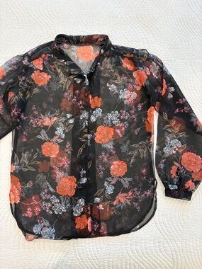Sheer Black Floral Button-Up Blouse